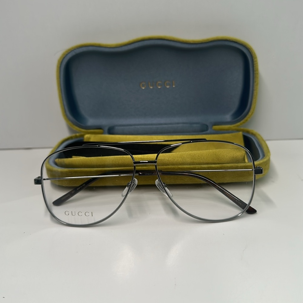 Gucci Silver Aviator Glasses NEW GG0442O Aviator Eyeglasses – Ruthenium / Silver - Picture 12 of 12